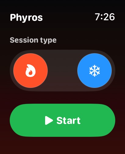 Phyros session type selector on Apple Watch